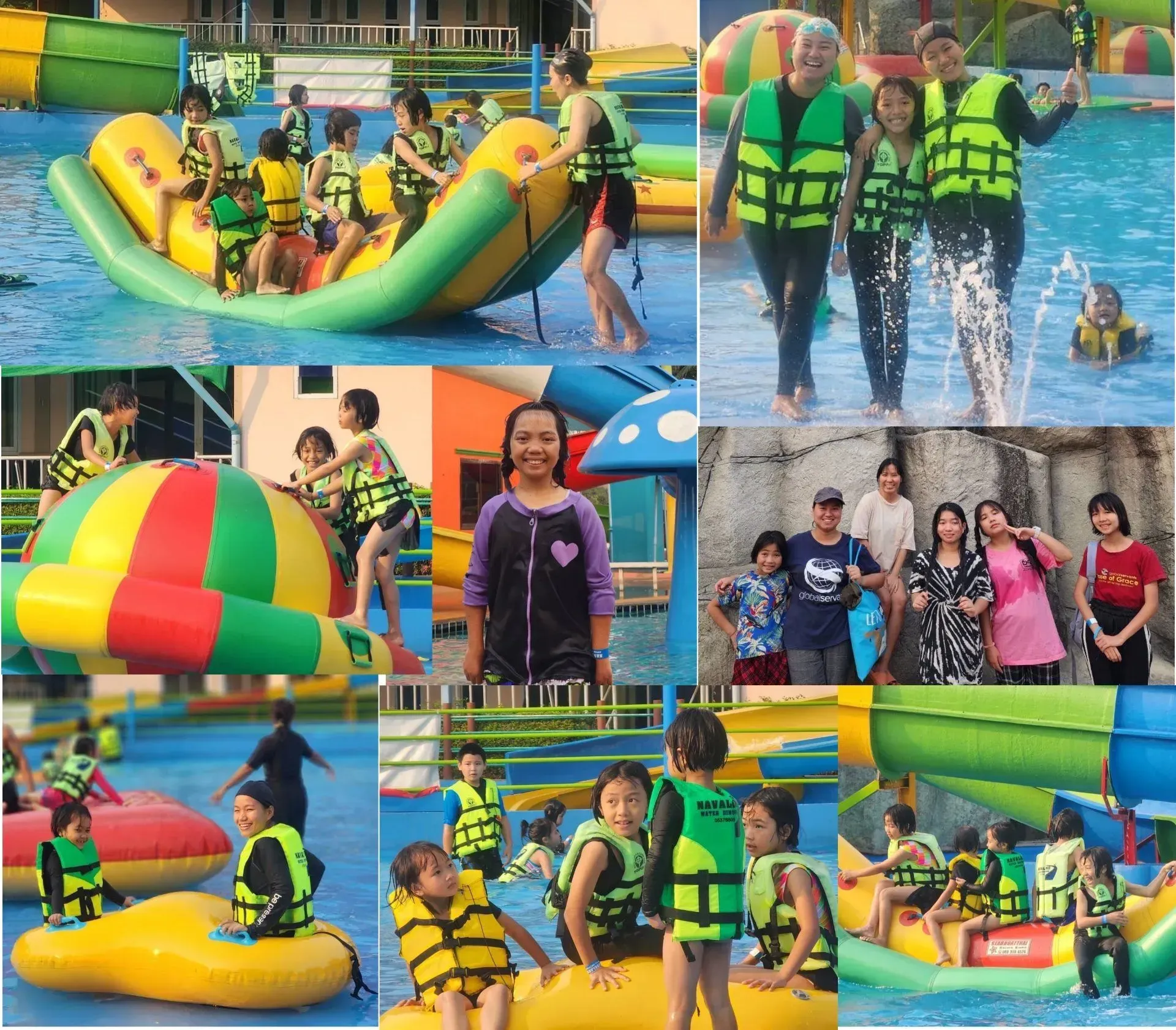 A group of children are playing in a water park