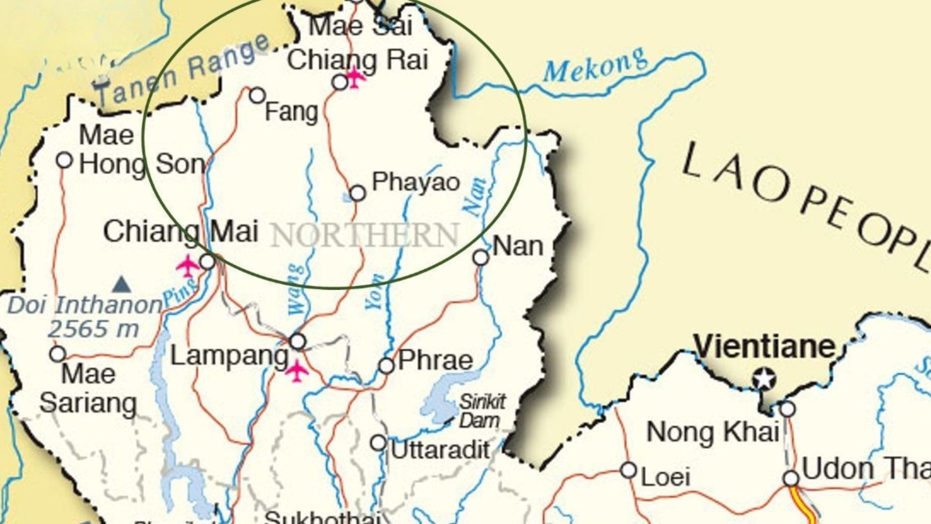 Map of Northern Thailand, highlighting Chiang Mai and Chiang Rai, near the border of Laos and the Mekong River.