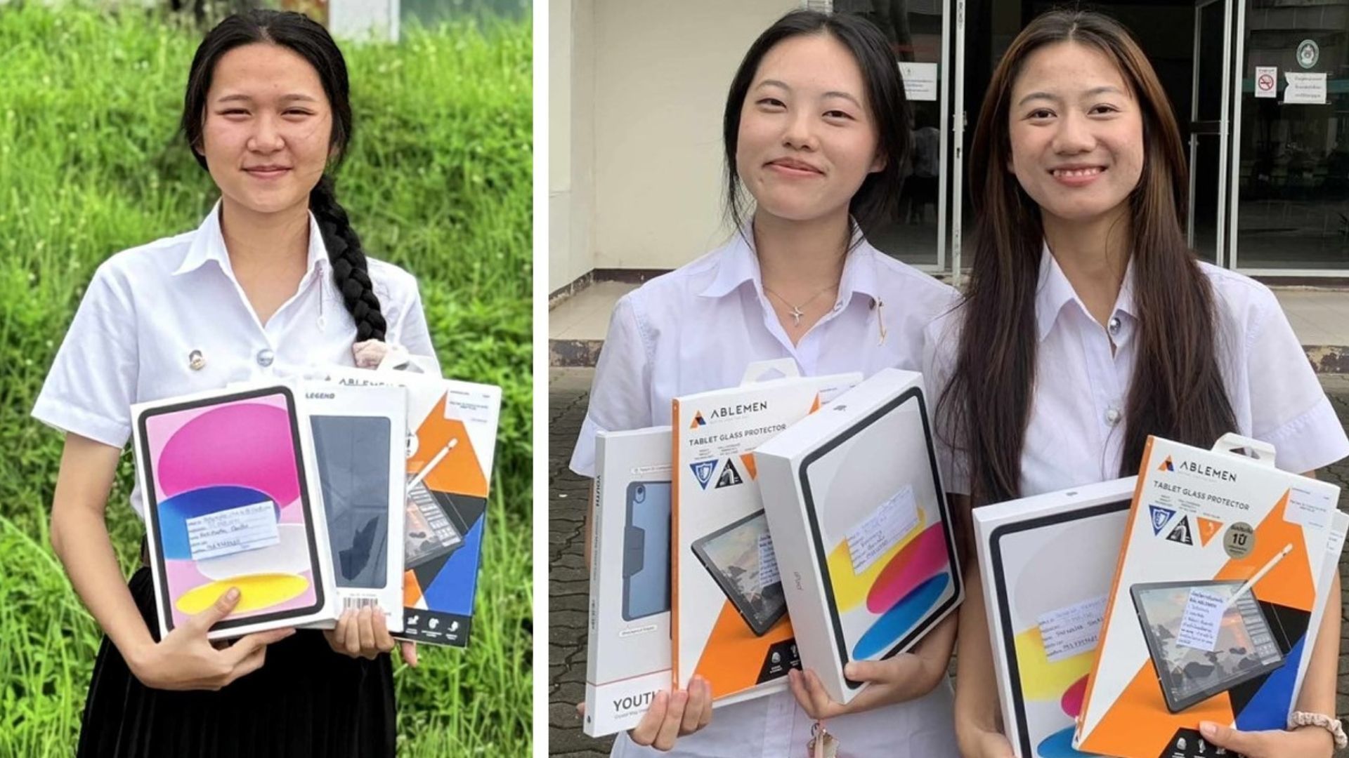 Three people holding new tablet boxes outside a building.