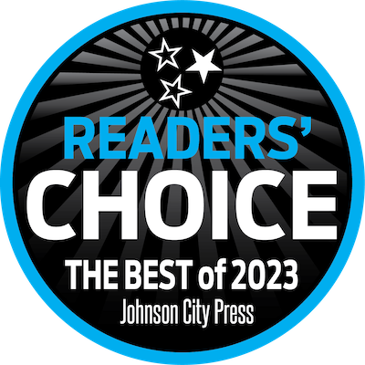 Readers' Choice award badge. Blue, black, and white. Features stars, and the words 