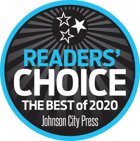 Readers' Choice award logo, 2020. Blue and black with stars, reads 