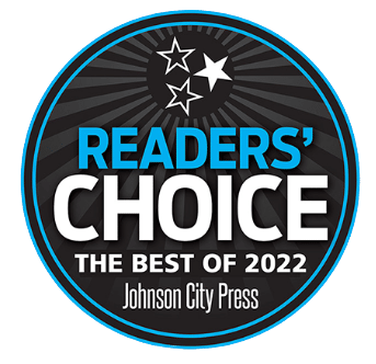 Readers' Choice award badge from Johnson City Press, blue, black, and white, 