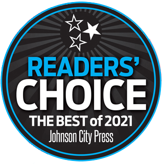 Readers' Choice award badge from Johnson City Press, blue and black, with stars.