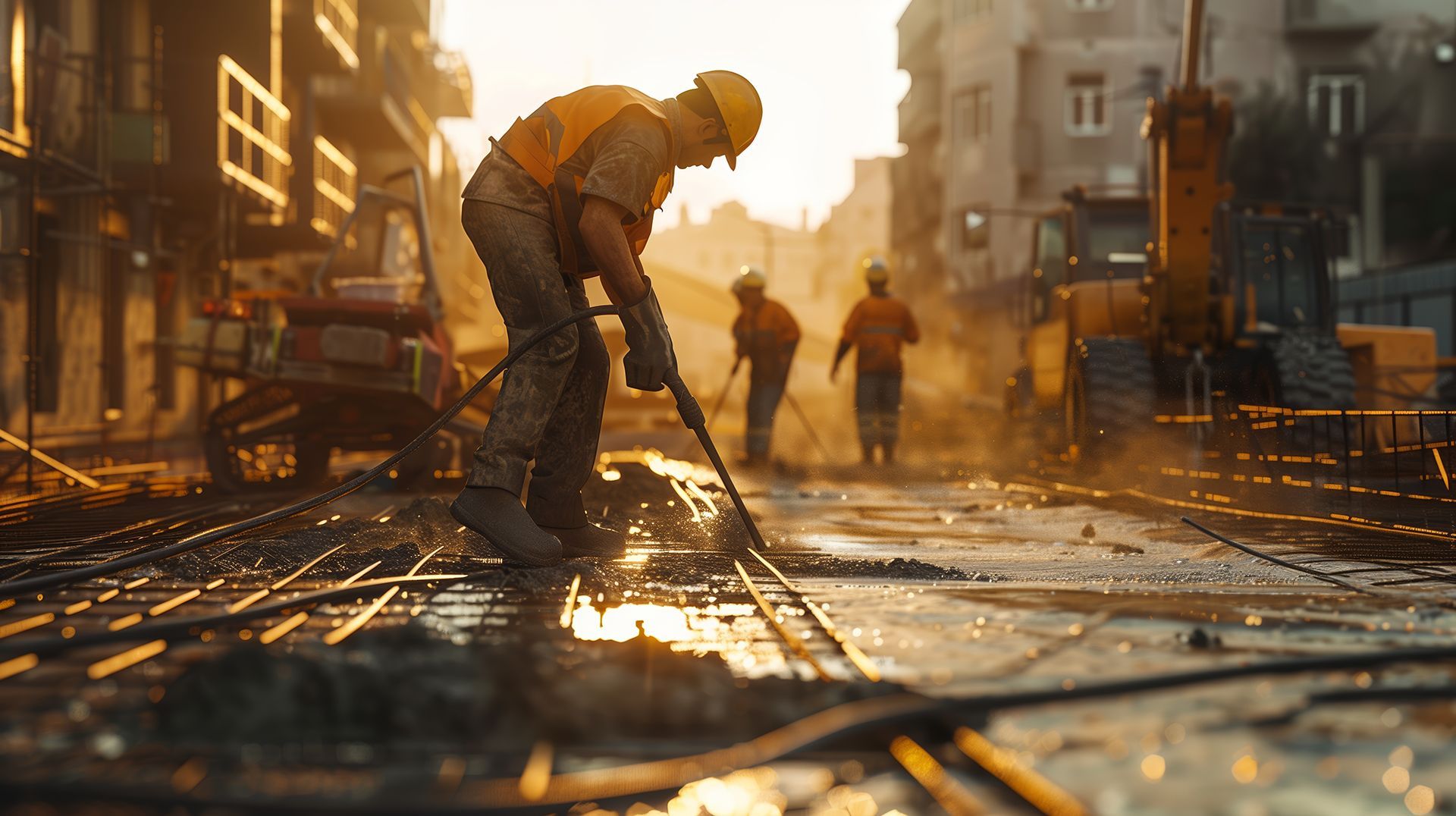 A construction worker is using a hammer to drill a hole in the ground