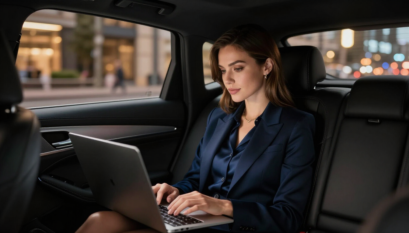 Professional woman working in luxury car
