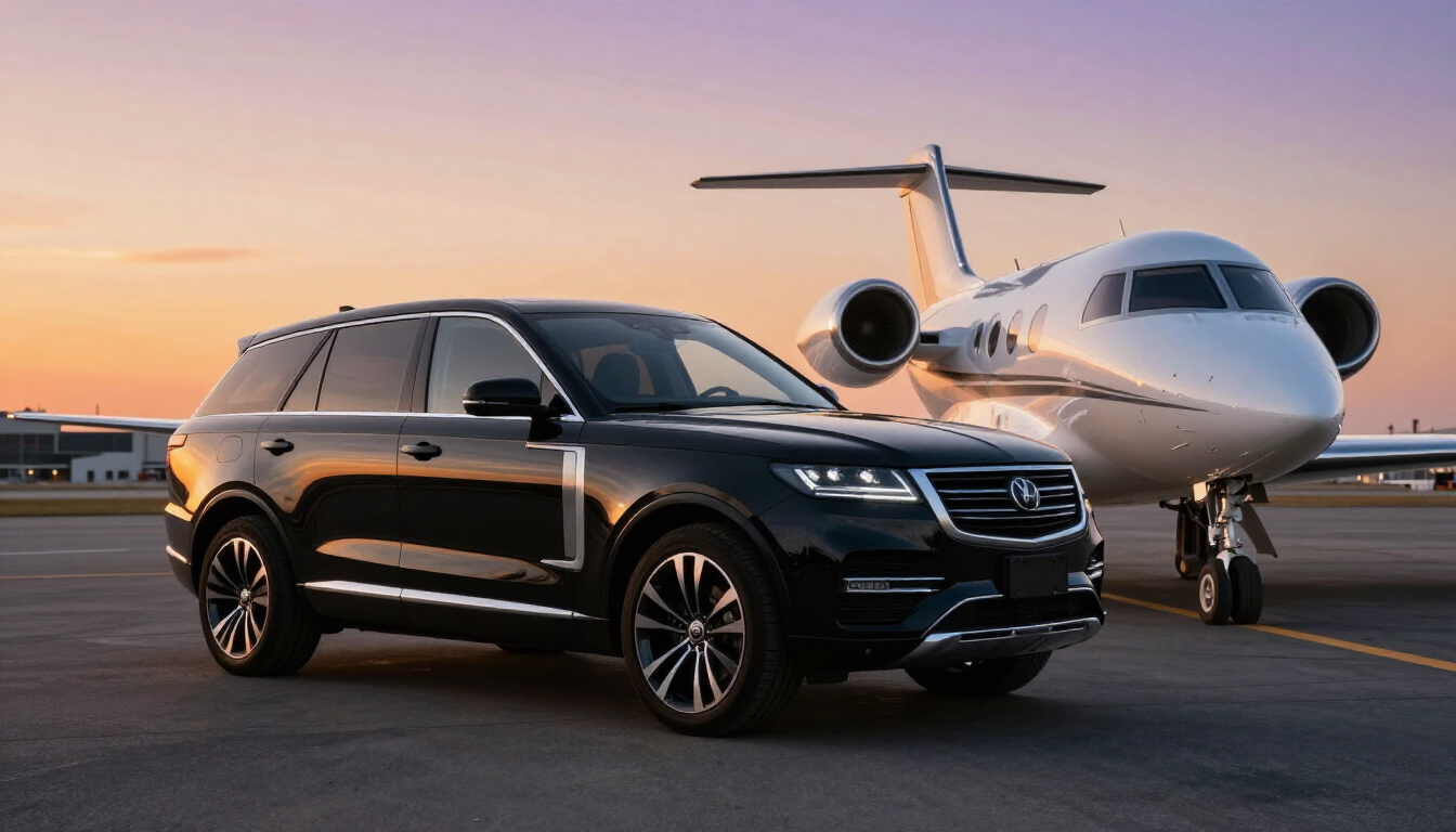 Luxury black car parked next to a private jet for NetJets ground transportation.