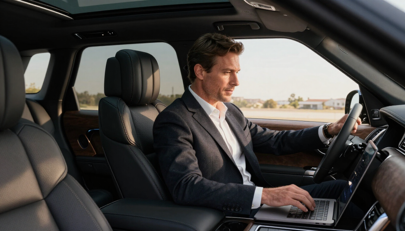 Executive working in the back of a luxury chauffeured SUV