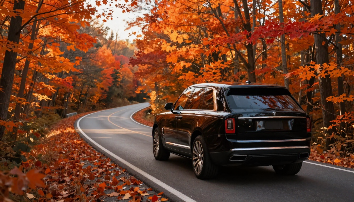 Luxury SUV on a scenic autumn road with fall colors