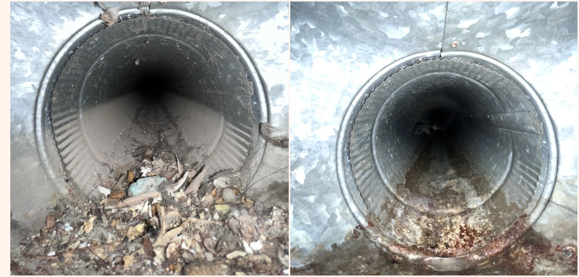 Before and after view of a dirty metal dryer vent