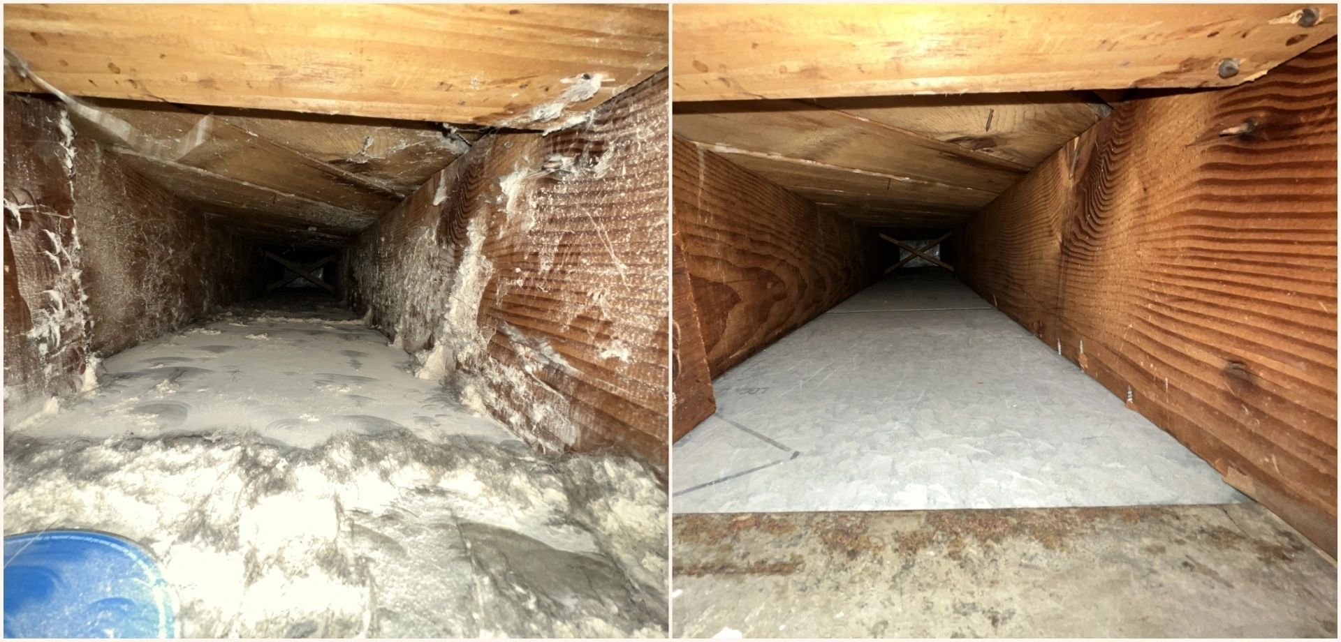 Comparison of before and after cleaning inside a wooden air duct
