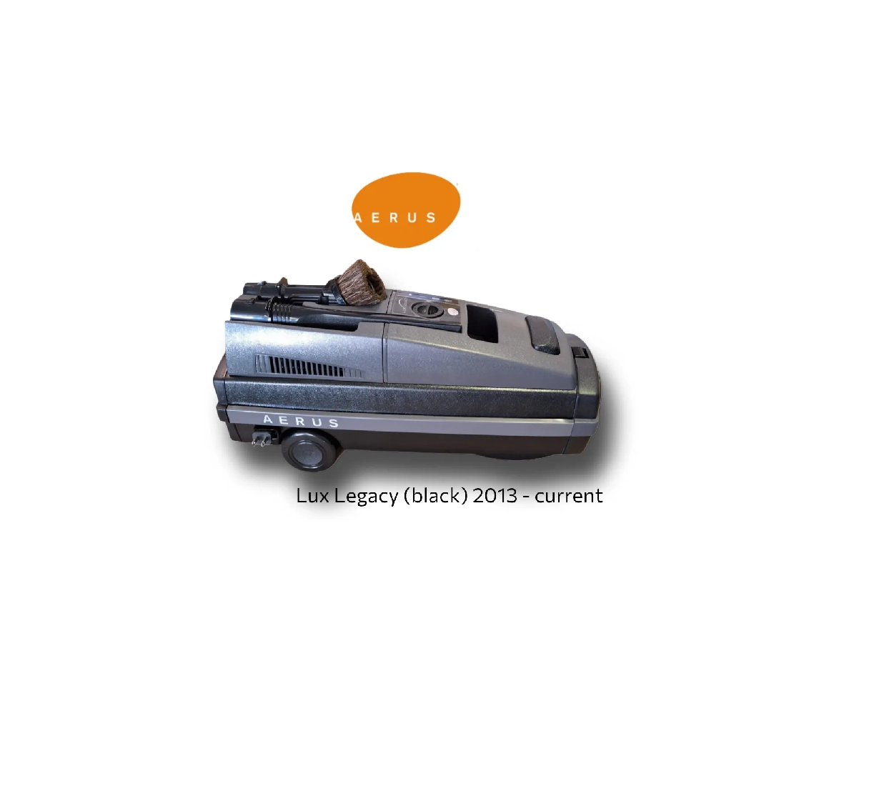 A gray Lux Legacy canister vacuum cleaner with a small brush attachment, positioned horizontally.