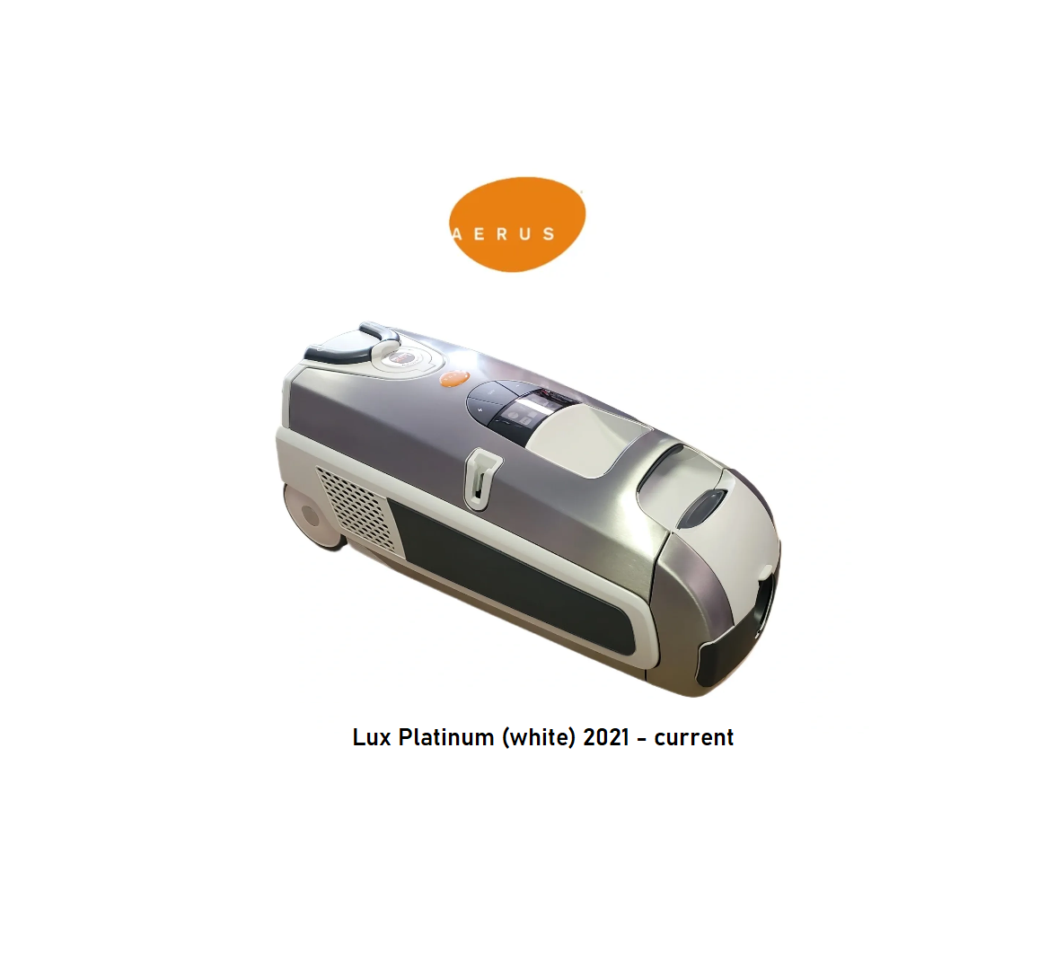 A gray and silver Lux Platinum canister vacuum cleaner with an orange Aerus logo above it.