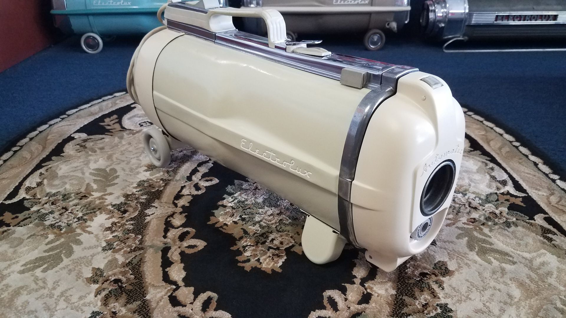 Cream-colored cylindrical pet capsule on a patterned rug, with a handle and viewing window.