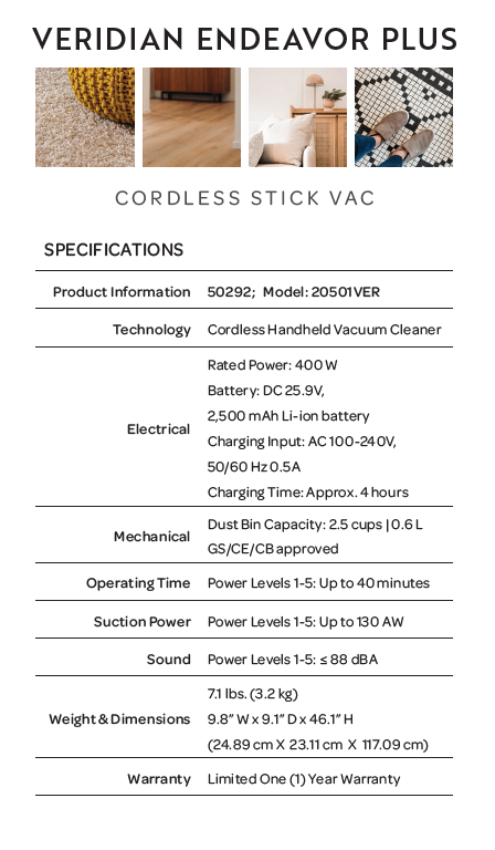 Spec sheet for Veridian Endeavor Plus cordless stick vacuum with beige and black panels