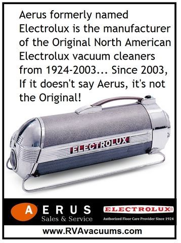 Electrolux vacuum cleaner ad with silver canister vacuum and text about Aerus.