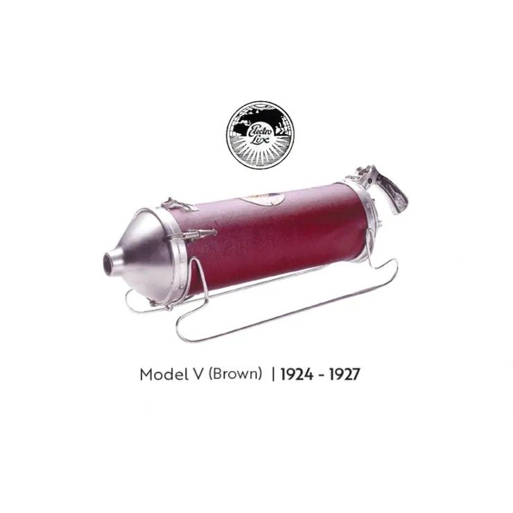 A brown, vintage Model V canister vacuum cleaner on a wire stand with a circular logo above it.