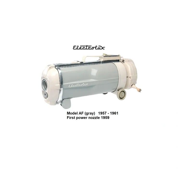 Gray and white Electrolux Model AF canister vacuum from 1957–1961 with text noting the 1959 introduction of power nozzles.
