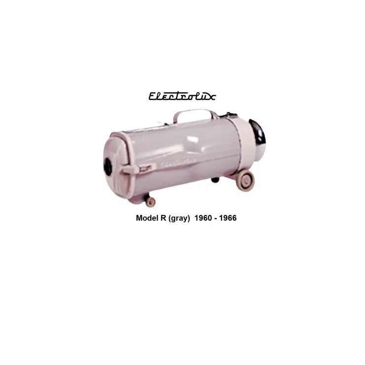 A gray Electrolux Model R canister vacuum cleaner from 1960–1966, shown on a white background.