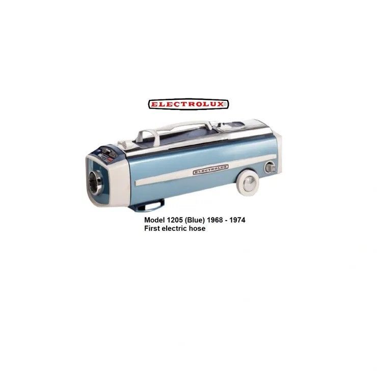 A blue vintage Electrolux Model 1205 vacuum cleaner with a carrying handle and white wheels.