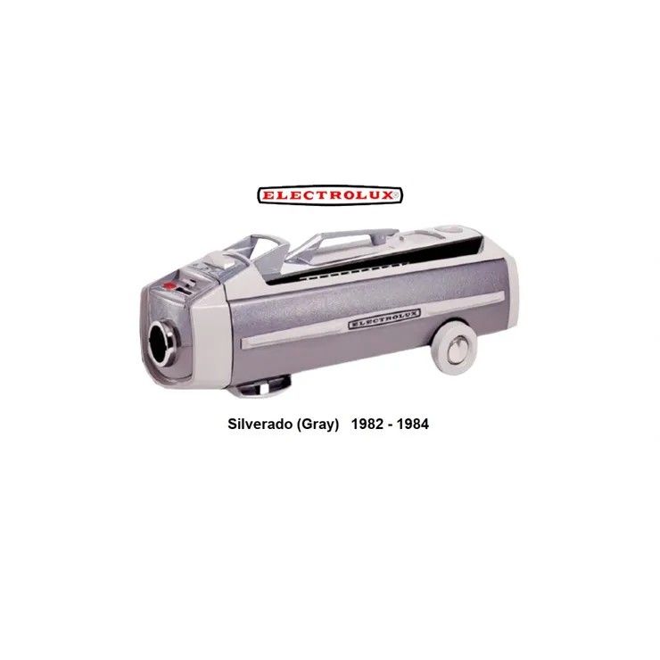 A gray Electrolux Silverado canister vacuum cleaner from 1982-1984 on a white background.