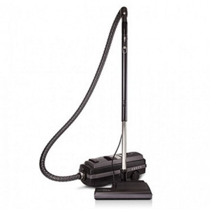 Upright canister vacuum cleaner with black hose and floor head on white background