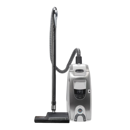 Silver upright vacuum cleaner with attached hose and floor nozzle on a white background