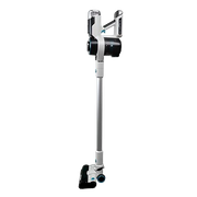 A white, silver, and black cordless stick vacuum cleaner standing upright against a white background.