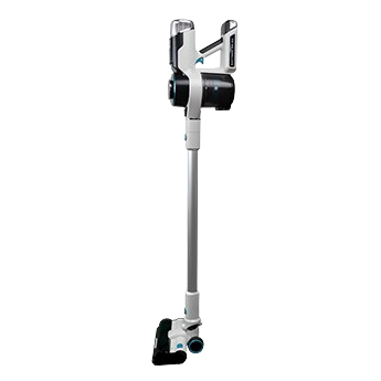 A white, silver, and black cordless stick vacuum cleaner standing upright against a white background.