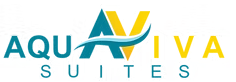 AQUA VIVA SUITES logo in teal and yellow text with stylized wave design