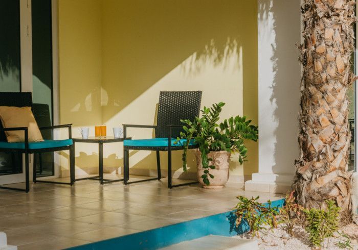 Patio seating with black chairs and a small table beside a palm tree in warm sunlight
