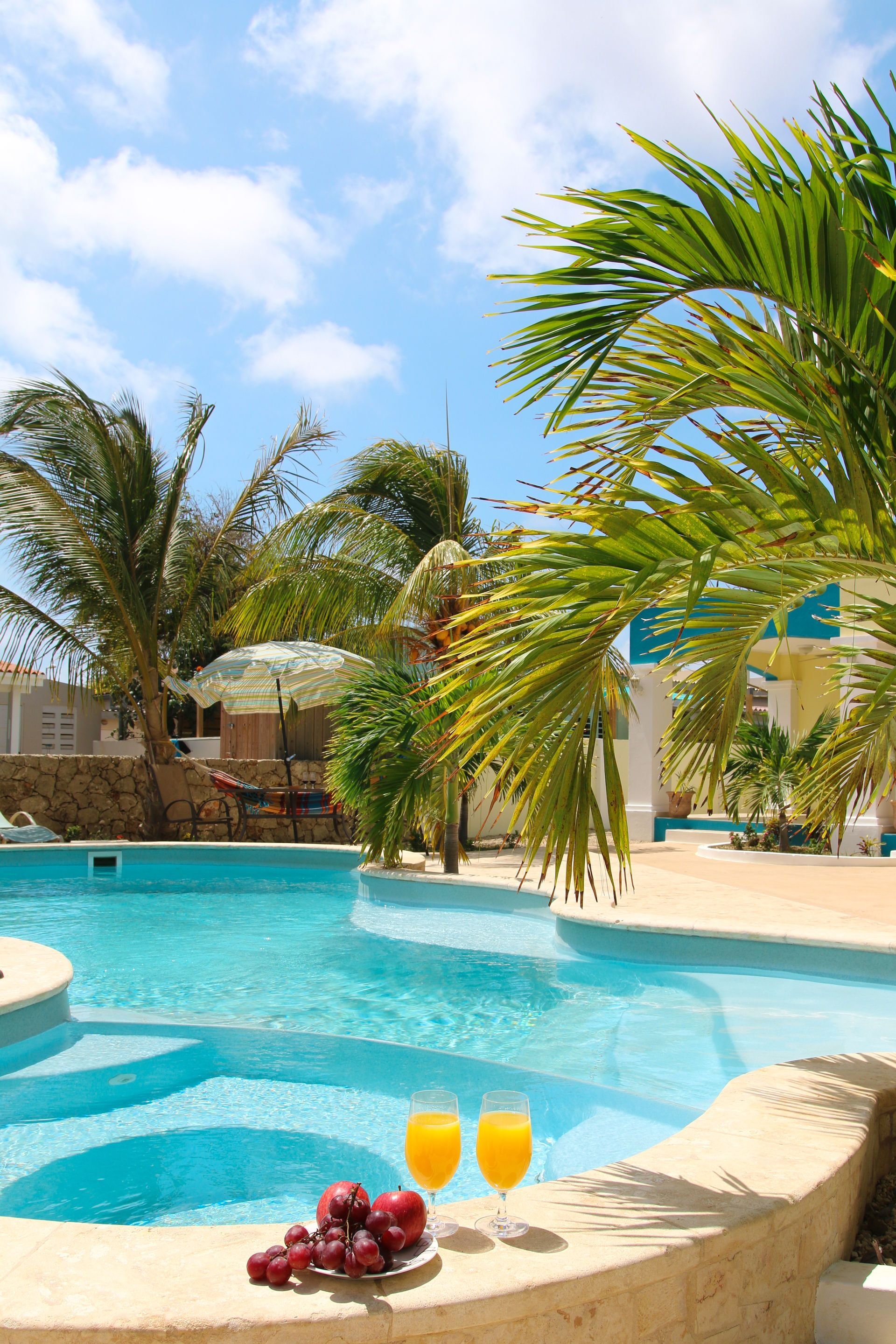 Tropical resort pool with palm trees, lounge chairs, and two orange drinks by grapes on the edge.