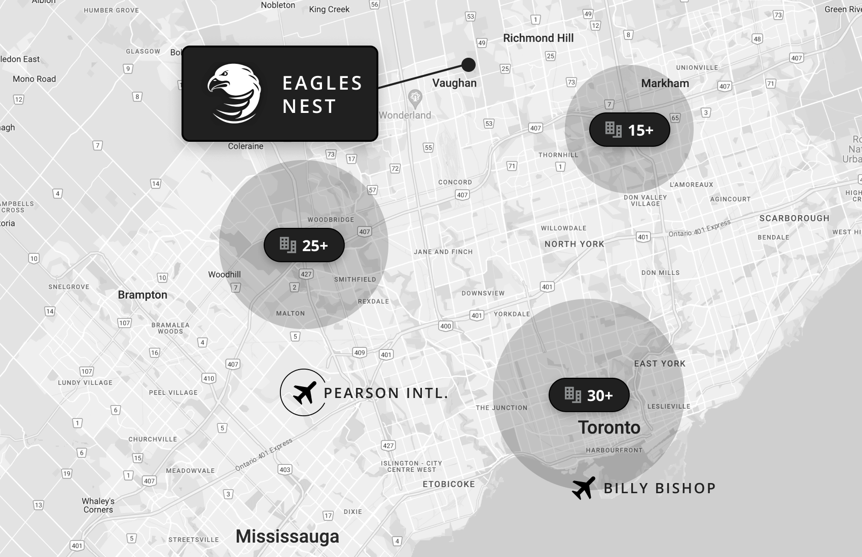 Eagles Nest location relative to hotels, airports and major roads.
