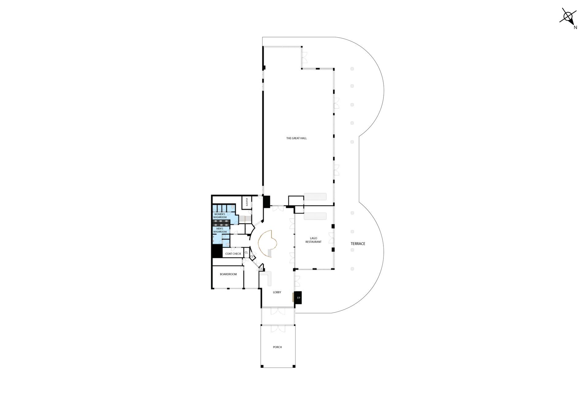 Illustration of a black and white floor plan of the main floor at Eagles Nest Golf Club.