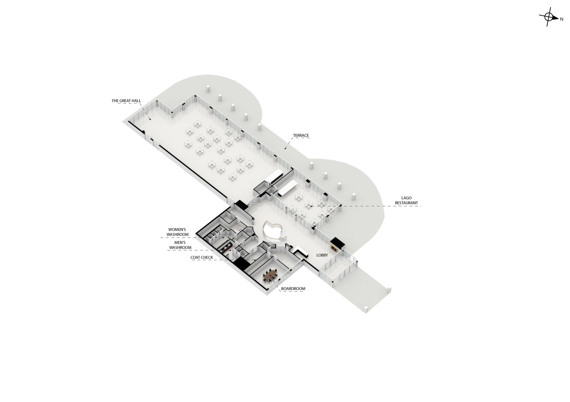 Illustration of a black and white floor plan of the main floor at Eagles Nest Golf Club that included furniture placement.