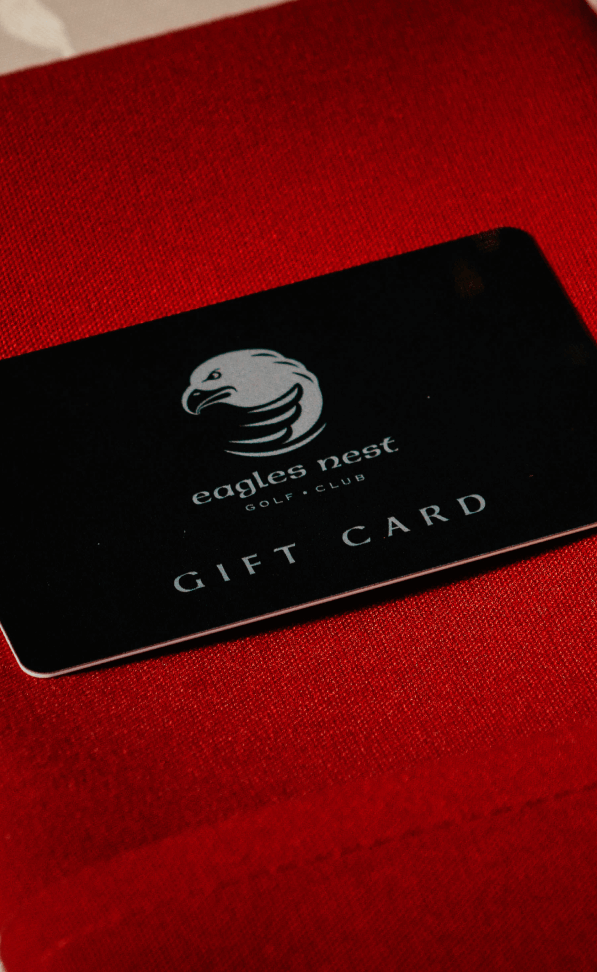 A back Eagles Nest gift card with the Eagles Nest logo in grey. The gift card is laying on a red fabric background.