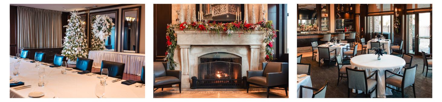 The Nest set up for a holiday lunch, a fireplace decorated for Christmas, and a restaurant decorated for the holidays.