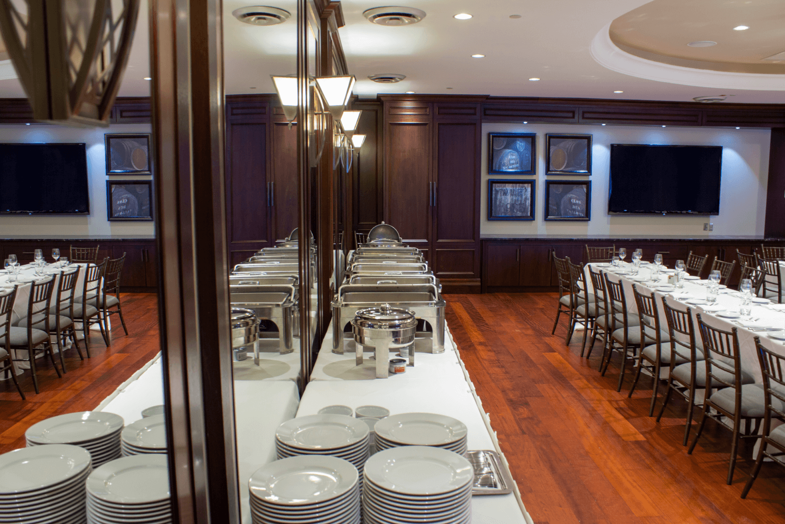 A buffet was set up in The Nest, next to a long table set up for service.