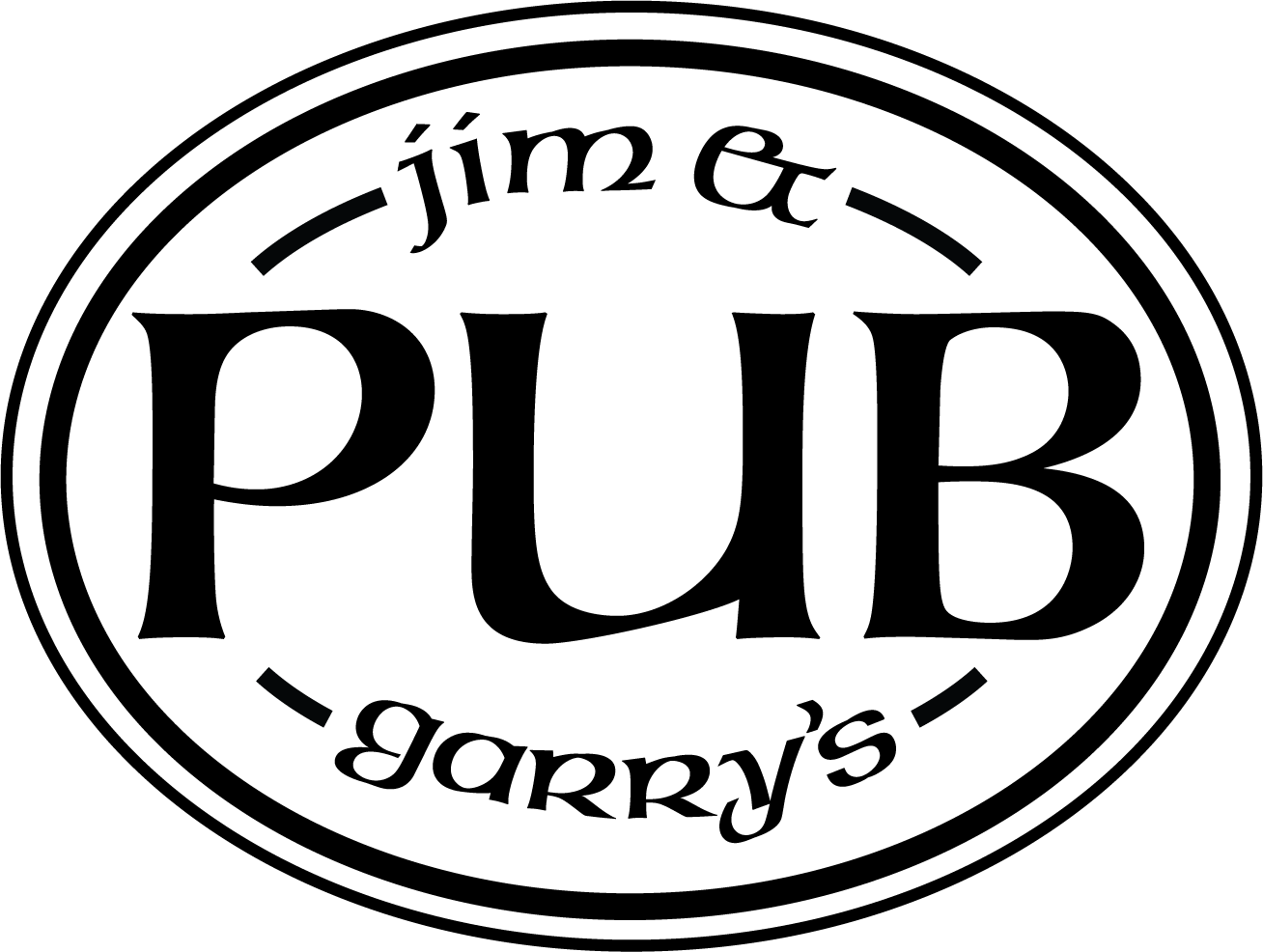 The logo for Jim & Garry's Pub in black with a transparent background.