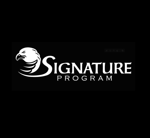 A logo that reads 'Signature Program' in white with a black background.