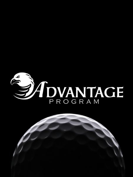 Advantage Program logo with a golf ball on a black background.