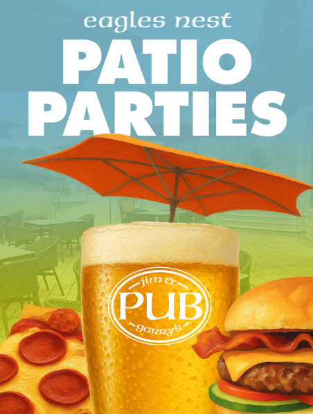 An order of pizza, a burger, and a pint with an orange umbrella.