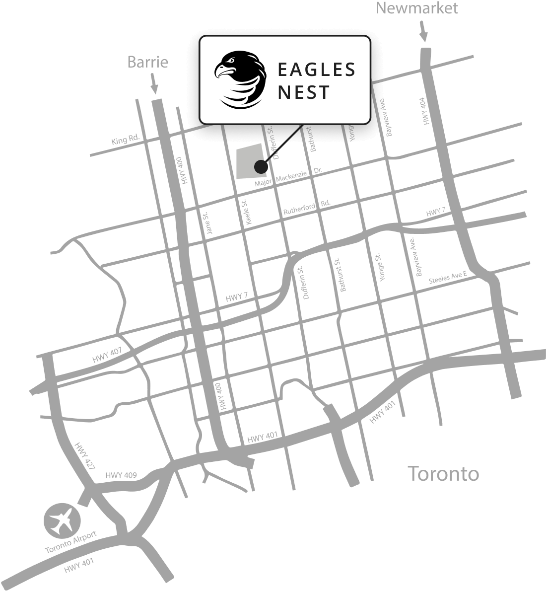 Eagles Nest location amongst the Toronto road network.