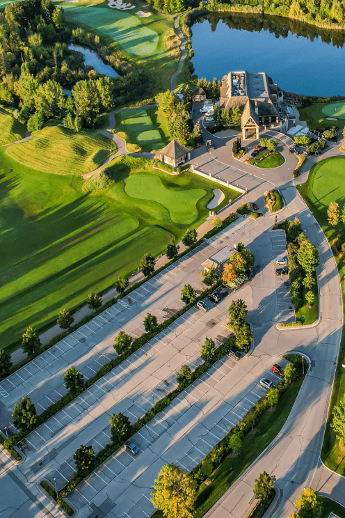 A bird's-eye view of the parking lot at Eagles Nest Golf Club.