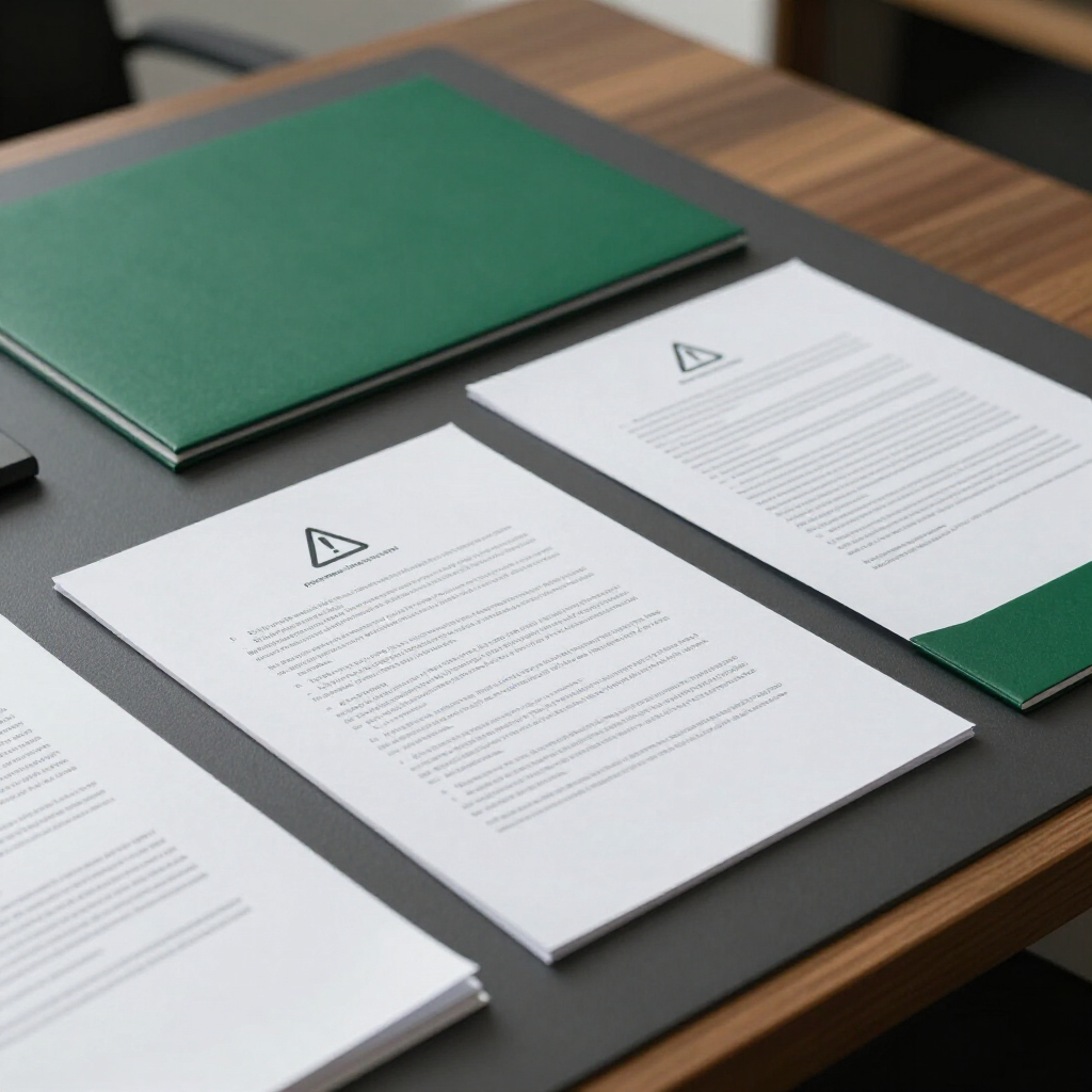 Green folder and several documents arranged on a desk in an office setting