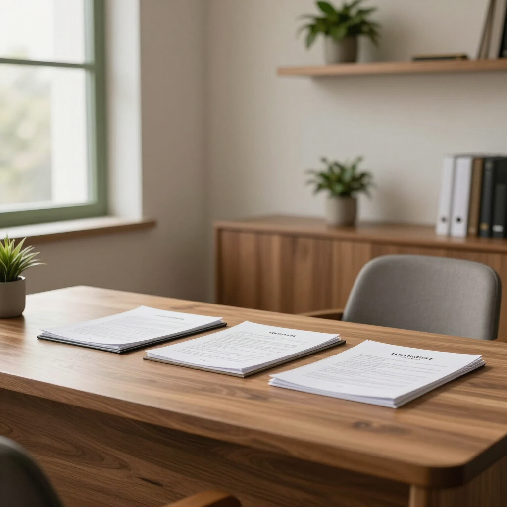 Minimal office desk with three notebooks, a chair, and potted plants by a window