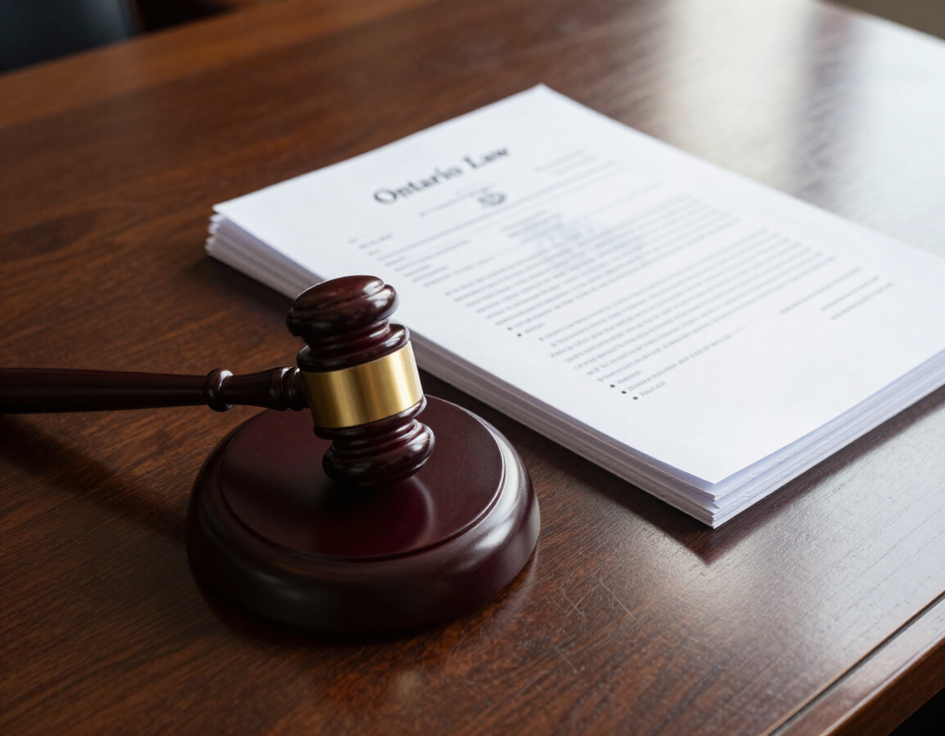 Gavel beside a stack of legal documents on a wooden desk.