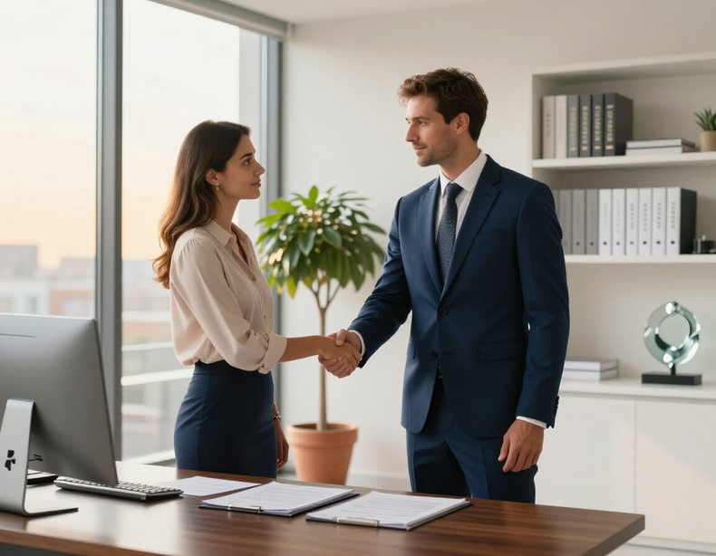 Two professionals shaking hands in a modern office, with desk, computer, and shelves in the background.