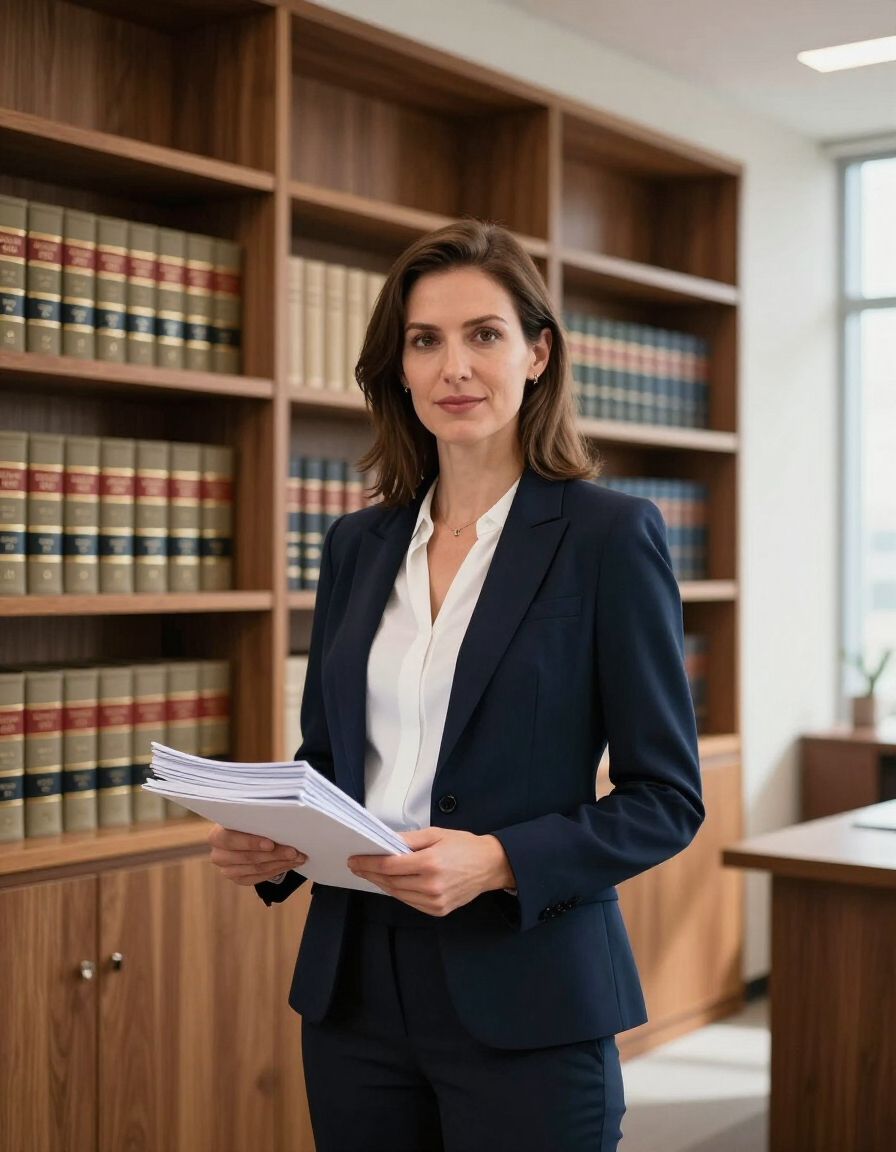 Professional woman holding papers in a law office with bookshelves behind her