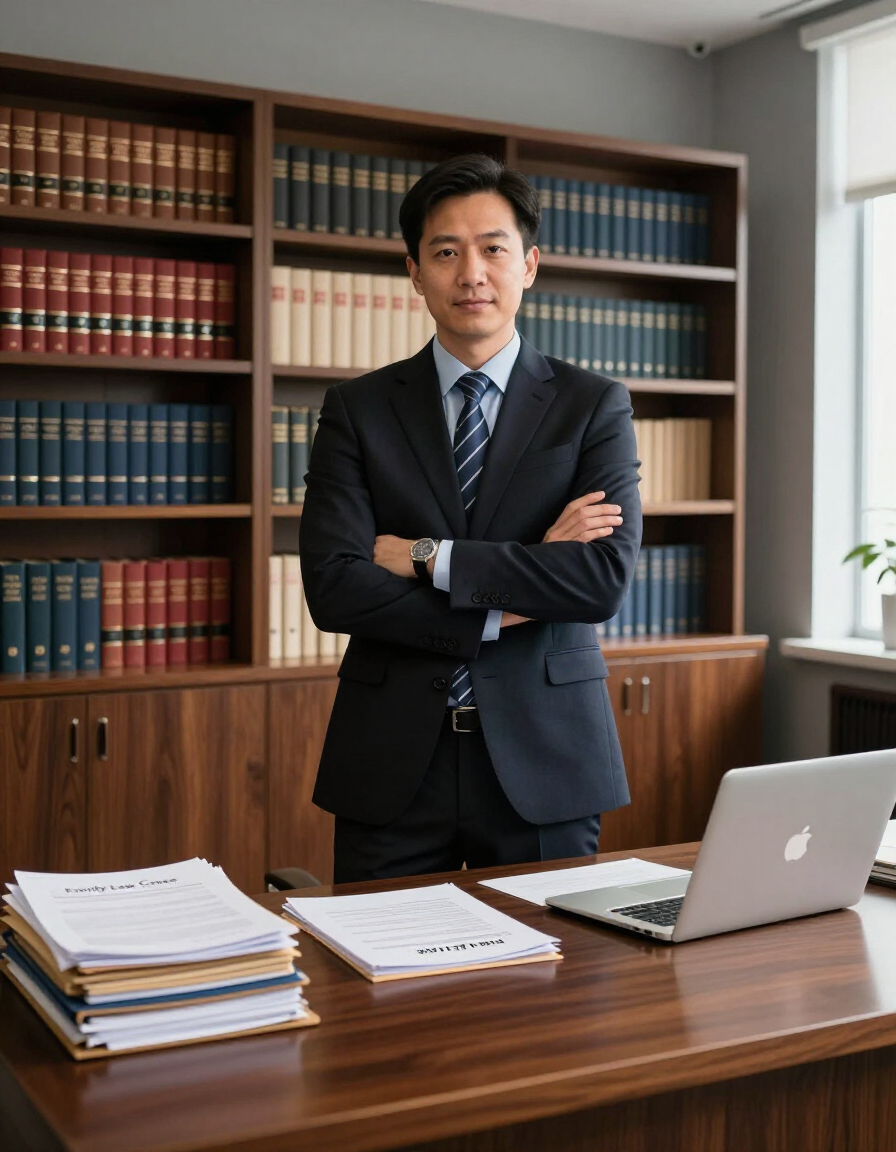 Professional in a navy suit standing arms crossed in a law office, with bookshelves, desk papers, and laptop.