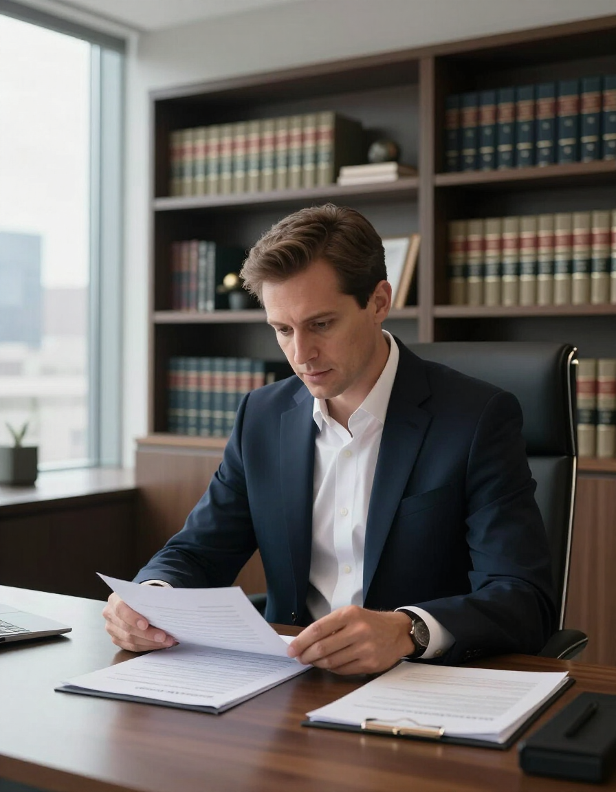 Man reviewing documents at a desk in a book-lined office